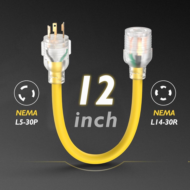 TOOLIOM 30 Amp 3 to 4 Prong RV Generator Adapter Cord, NEMA L5-30P to L14-30R, UL Listed Extension Cord for House Trailer Camper, 125V 3750W STW 10AWG/3C (12 Inch) - Image 2